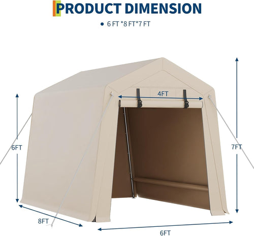 Abri de jardin portable 1,8 x 2,4 m (6 x 8 pi) avec porte enroulable pour moto, voiture et outils de jardin, couleur kaki.