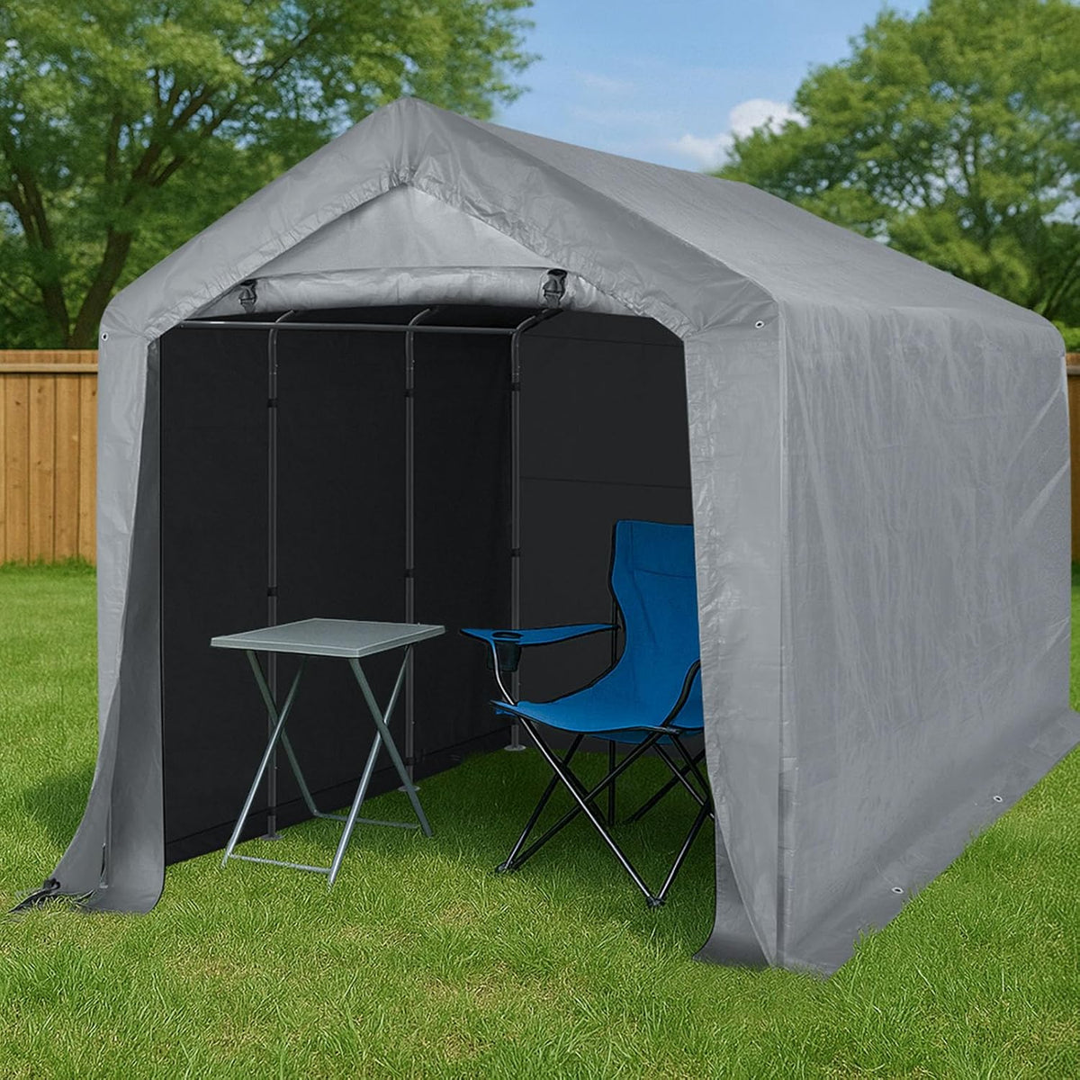 Abri de jardin portable Outvita, 2,4 x 3,7 m, étanche, avec porte zippée enroulable et structure solide en acier galvanisé. parfait pour ranger motos, quads, vélos, outils en bois et tondeuses à gazon.