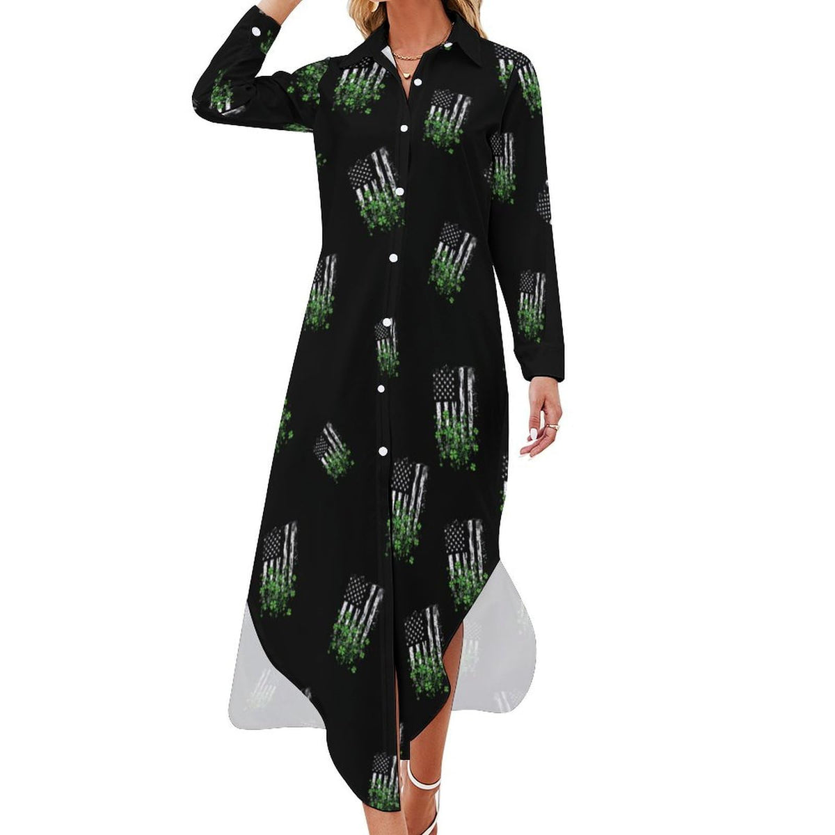 Robe-chemise fantaisie pour femme avec drapeau irlandais et américain, boutonnée, manches longues, fendue, maxi