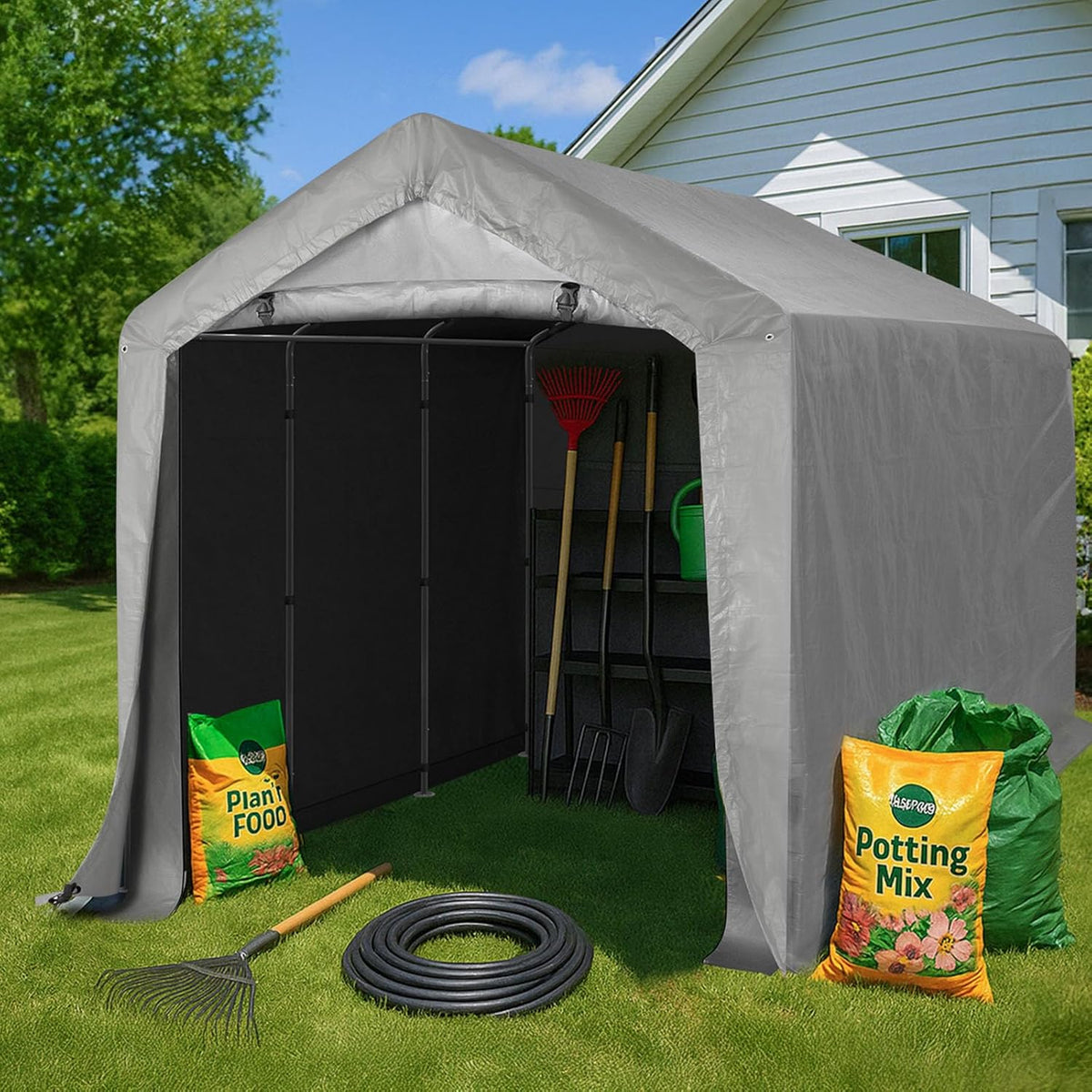 Abri de jardin portable Outvita, 2,4 x 3,7 m, étanche, avec porte zippée enroulable et structure solide en acier galvanisé. parfait pour ranger motos, quads, vélos, outils en bois et tondeuses à gazon.