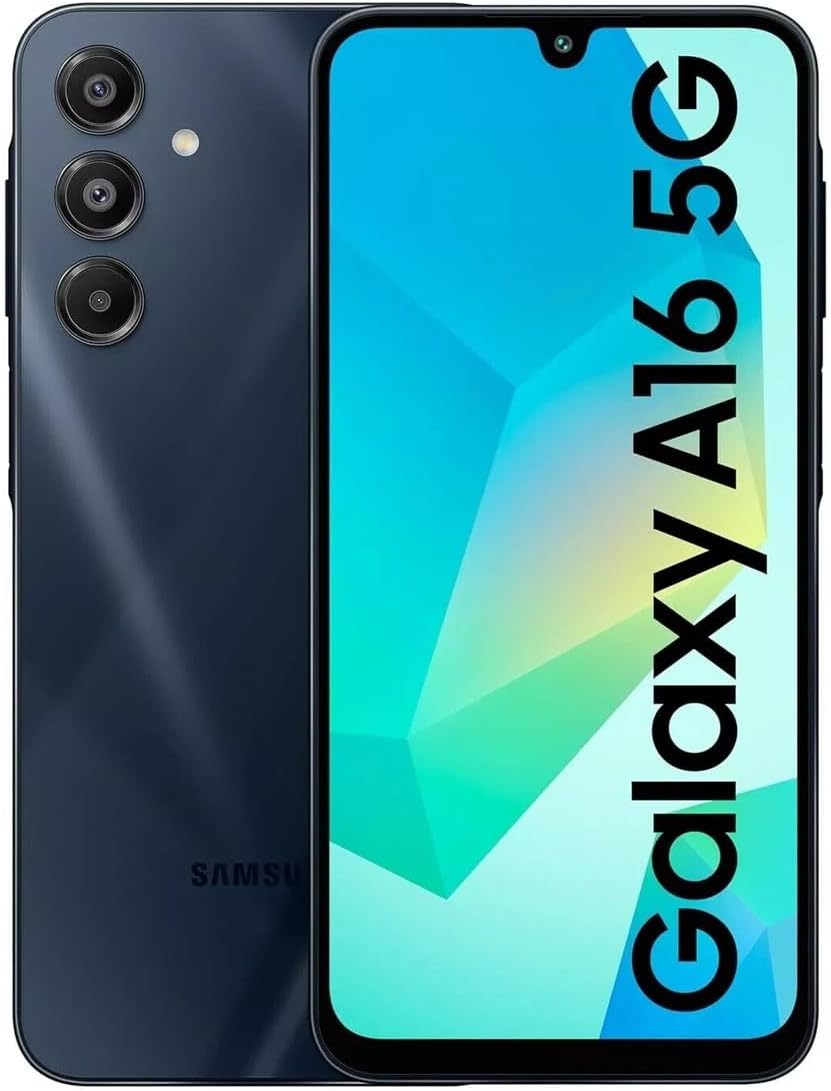 Samsung Galaxy A16 5G, smartphone Android, écran AMOLED, charge rapide, mémoire extensible, version américaine, bleu et noir, compatible uniquement avec le réseau T-Mobile.