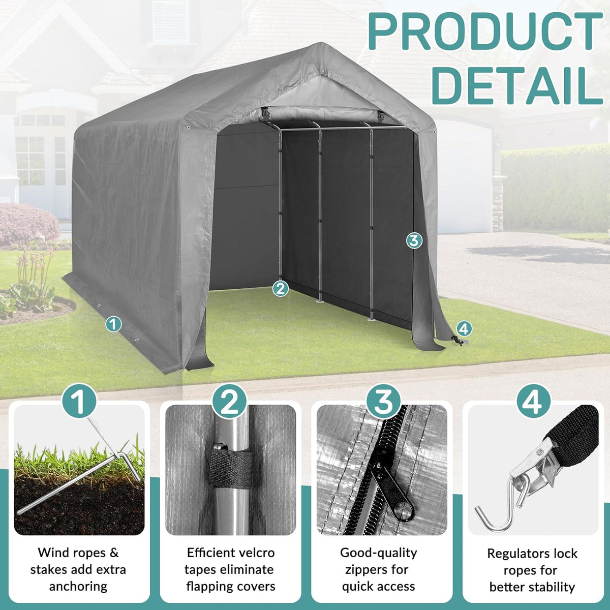 Abri de jardin portable Outvita, 2,4 x 3,7 m, étanche, avec porte zippée enroulable et structure solide en acier galvanisé. parfait pour ranger motos, quads, vélos, outils en bois et tondeuses à gazon.