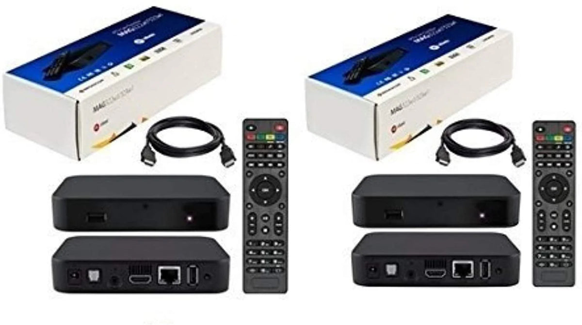 Boîtier IPTV avec Wi-Fi intégré, câble HDMI, télécommande et adaptateur secteur (lot de 2).